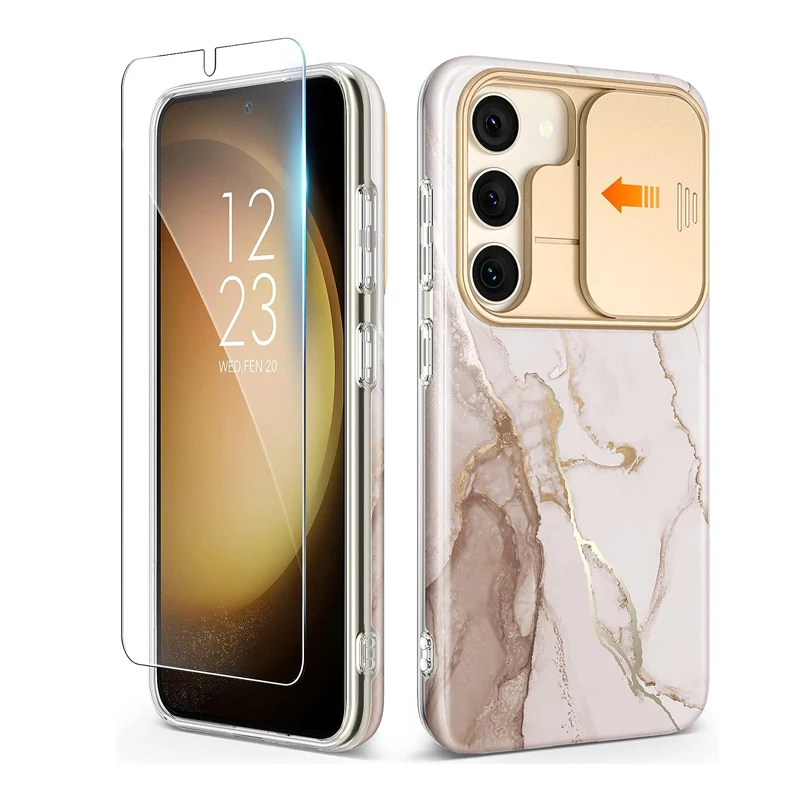 

Compatible for Samsung Galaxy S23 with Slide Camera Cover and Screen Protector Marble Slim Fit Shockproof Protective Phone Case