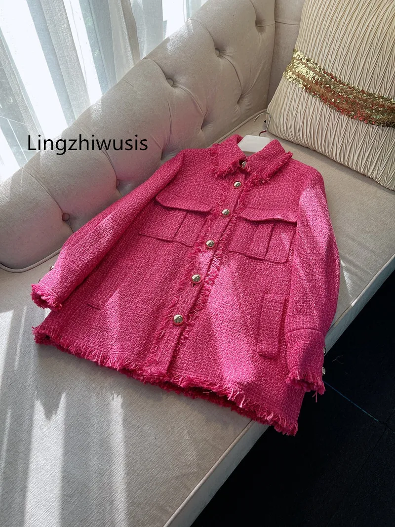 Женское винтажное пальто Lingzhiwusis розово-красное твидовое свободное повседневное
