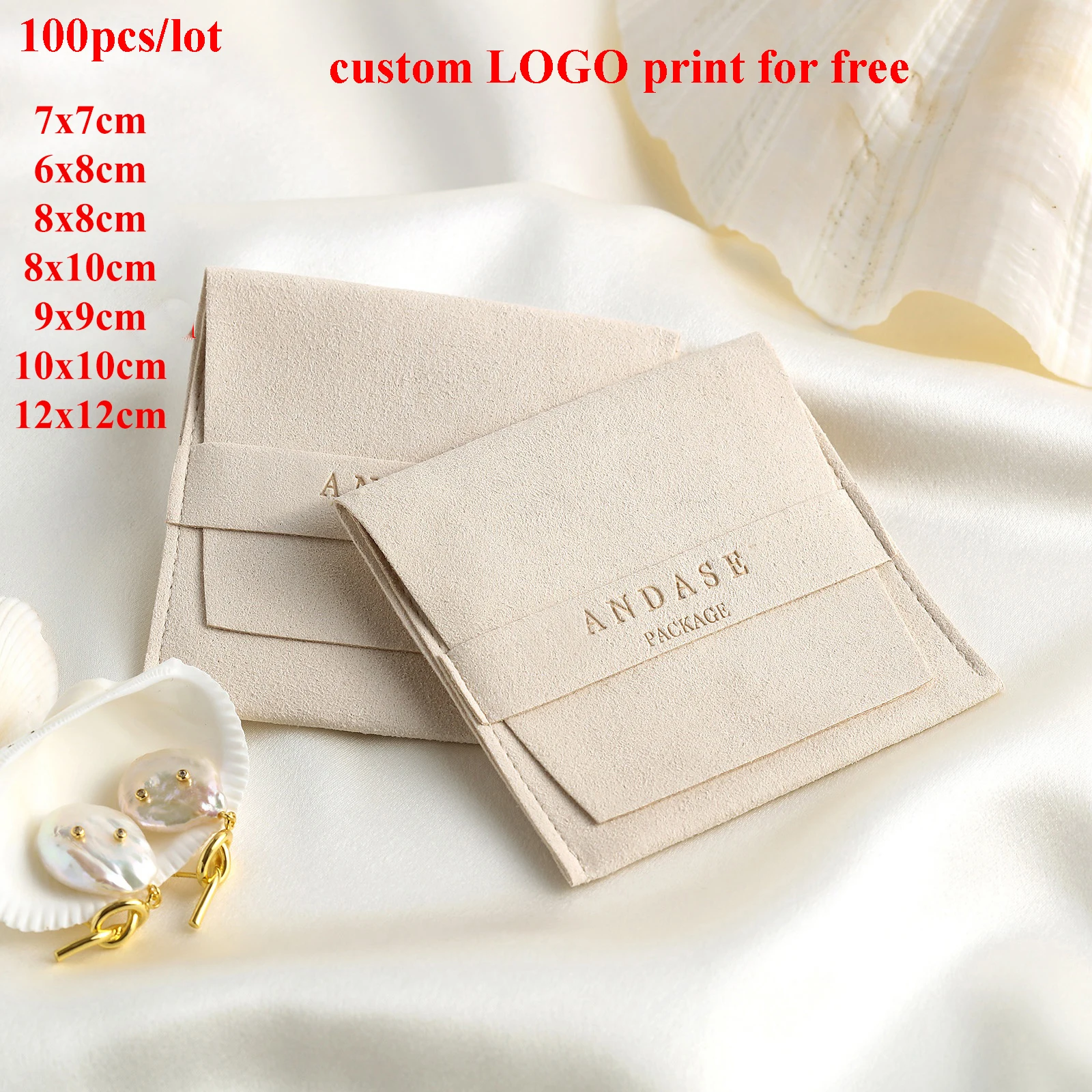 100pcs 7x7 8X8 9x9 10x10cm Custom Logo Flap Jewelry Pouches Beige Gift Bag Pouch Microfiber Ring Bags