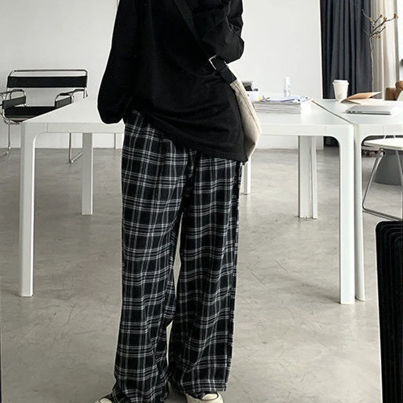 Plaid Pants Women Casual Chic Oversize Loose Wide Leg Trousers Ins Retro Teens Harajuku Hip-hop All-match Unisex Streetwear |