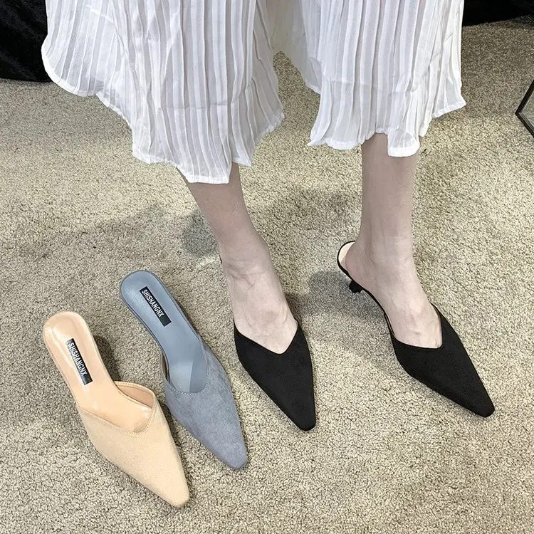 

Pointed Toe Thin Heels Slippers Women Summer Shoes Pantofle Slides Fashion Med Flock Heeled Mules Cover 2022 Luxury High Basic P