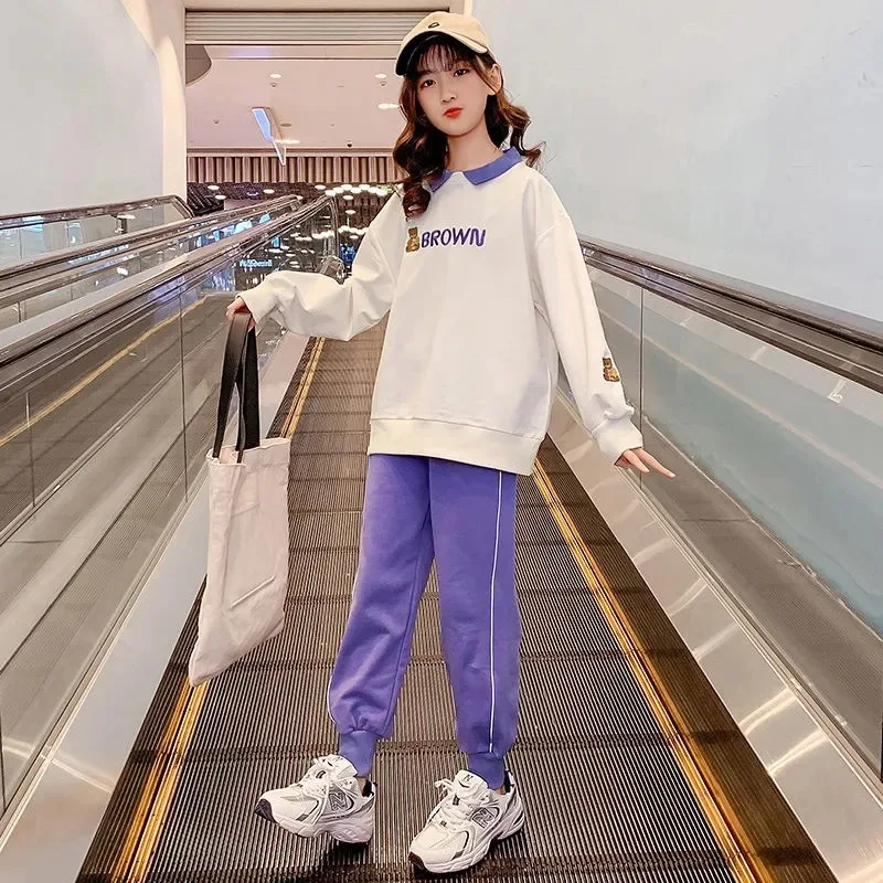 

2023 Spring and Autumn Casual Kids Clothes Girl 2Pcs Suit Letter Long Sleeve Sweatshirt+Straight Pant Outfits Clothing 5-16 Year