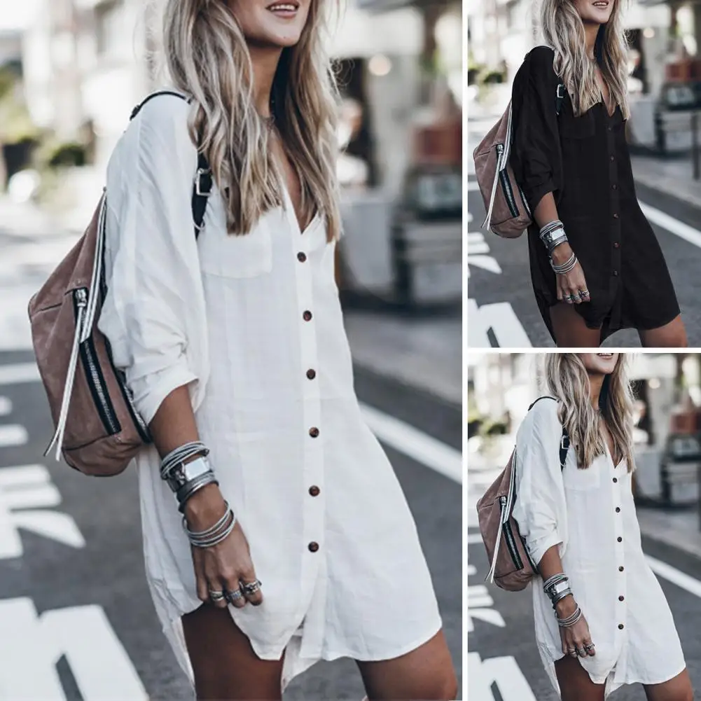 

Beach Blouse Lapel Ladies Shirt Pure Color Loose Office Sunscreen Shirt