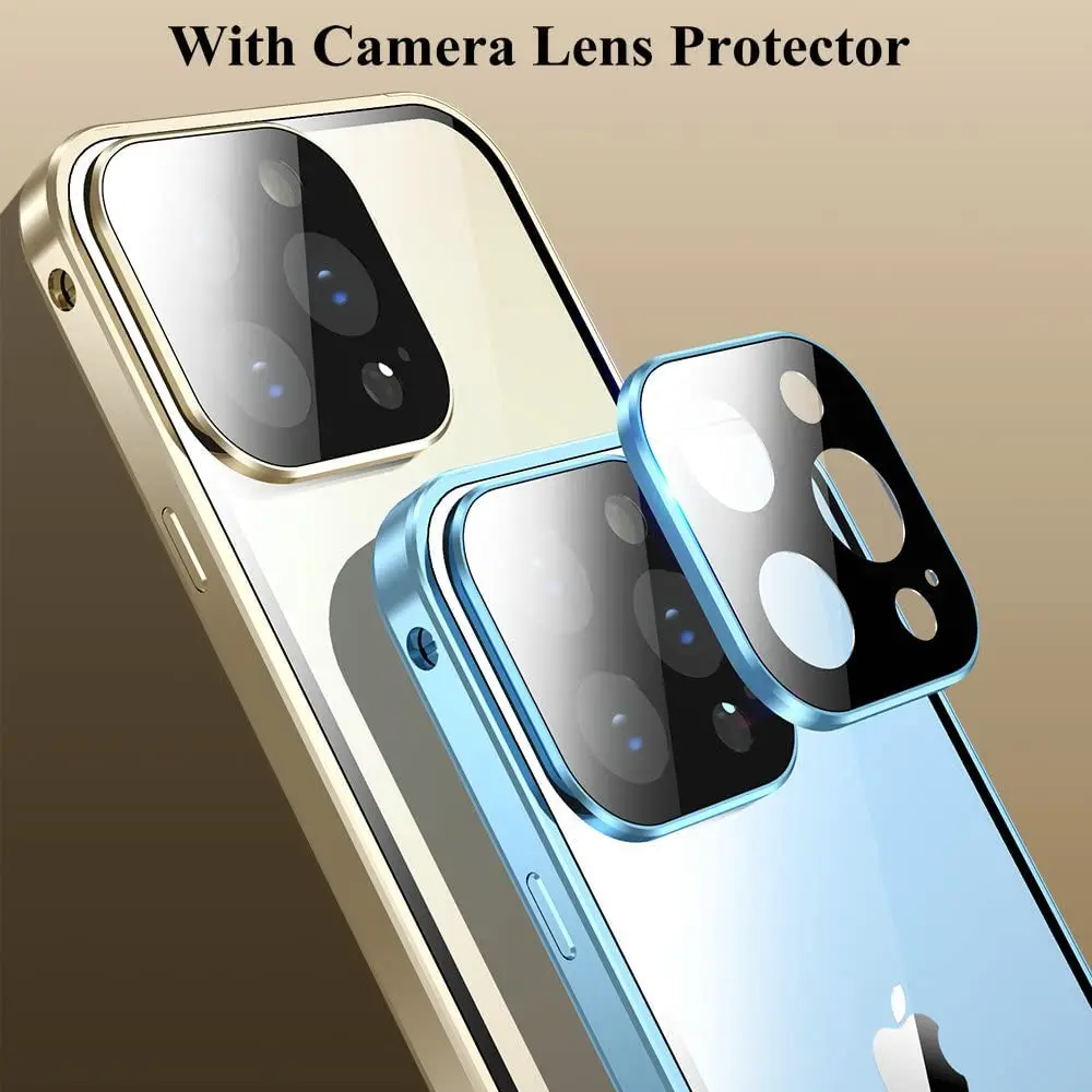 For IPhone 14 13 12 11 Pro Max Camera Lens Protection Luxury Metal Frame Privacy Double Sided Glass Double Snap Mount Phone Case