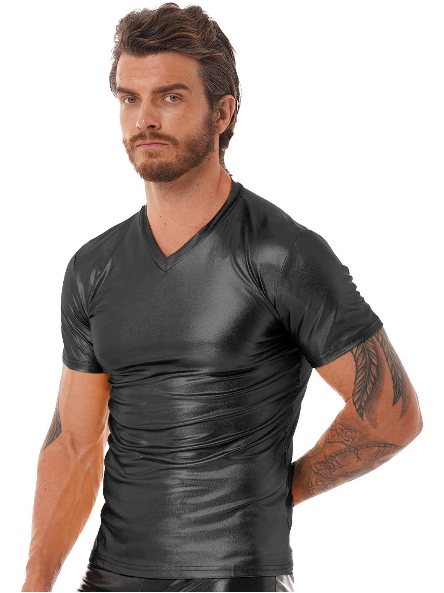 Мужская Блестящая футболка с коротким рукавом и V-образным вырезом | одежда