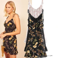 european and american style2020summer new womens clothing french vintage floral printed wooden ear slim fitvcollar strap dress
