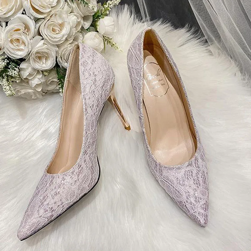 

Туфли-лодочки женские кружевные, высокий каблук 7 см, пикантные свадебные туфли для невесты, фиолетовые, 41 42 43