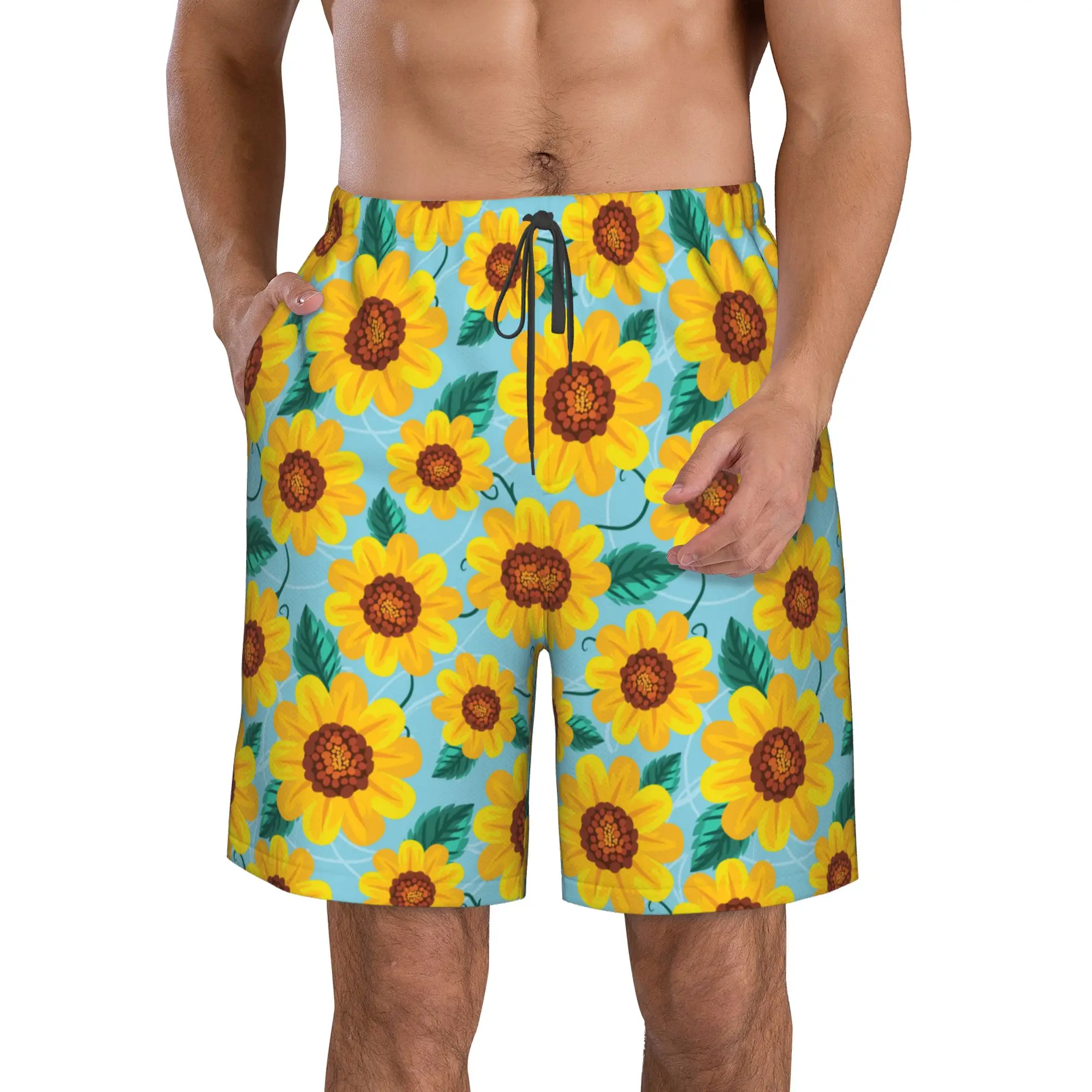 

Sunflower Men's printing Swim Trunks Quick Dry Drawstring Waist Beach Swim Trunks Board Shorts with Mesh Lining