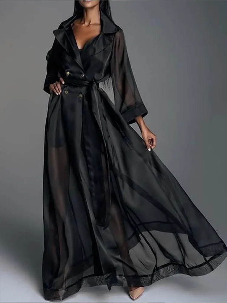 

Fashion Women Elegant Plain Lapel Collar Long Sleeve Double Breasted Big Swing Maxi Dress Casual Loose Fit Dress Robe Femmes