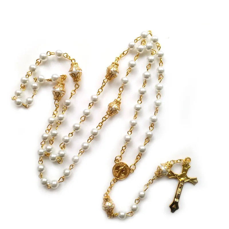 

QIGO White Imitation Pearl Rosary Necklace With Cup Gold Jesus Cross Pendant Catholic Prayer Jewelry