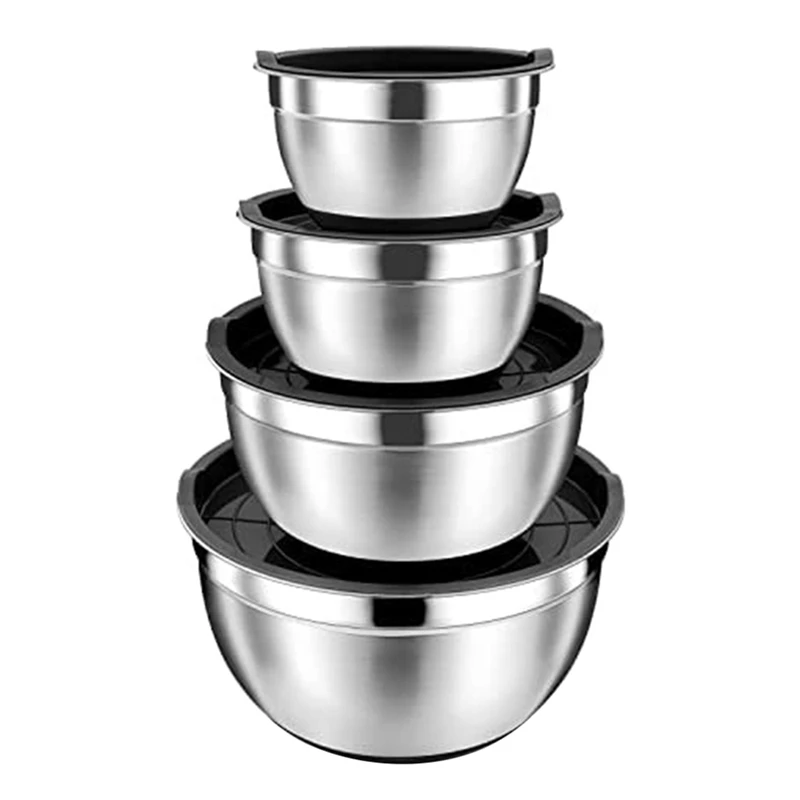 

4 Pack Stainless Steel Mixing Bowls Salad Bowl Non-Slip Stackable Serving Bowl With Airtight Lids For Cooking Baking,Etc