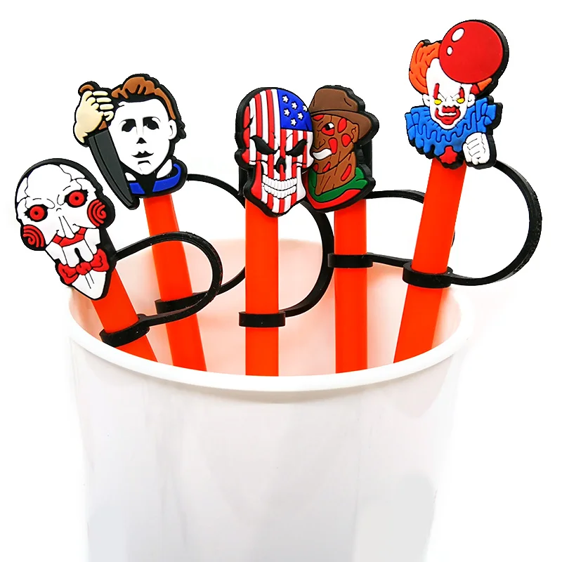 

1PCS PVC straw toppers Horror Series straw cover Reusable Airtight Splash Proof Drinking Straw Tip fit Halloween party cup decor