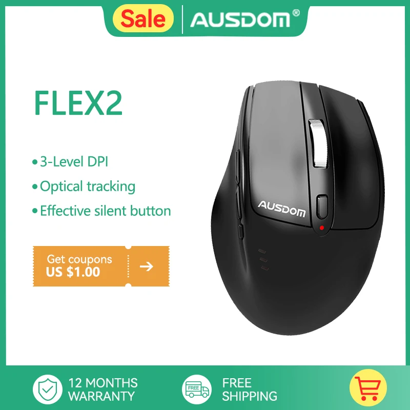 

Беспроводная оптическая мышь AUSDOM FLEX2, перезаряжаемая Бесшумная мышь для офиса и дома, 2,4 ГГц, 3 DPI, бесшумная мышь USB-C для ноутбука и ПК