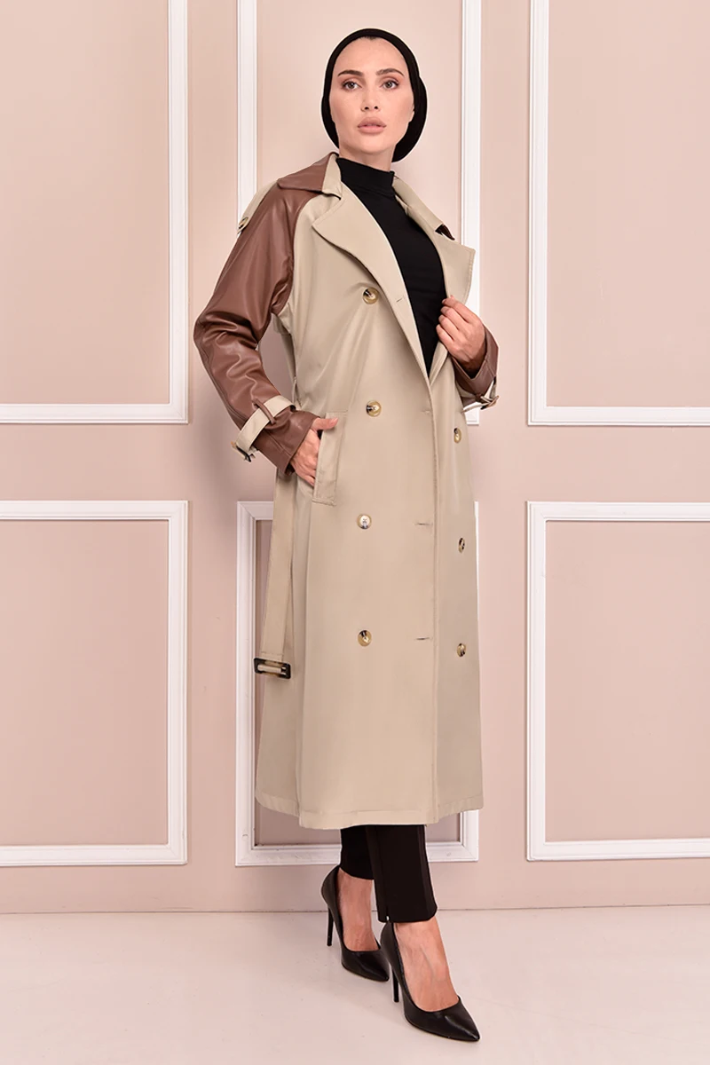 

Belted Trench Coat Beige İslamic Woman Jacket Muslim Turkish Veiled Clothes Women's Coats Women's Jackets Coat NYX2095
