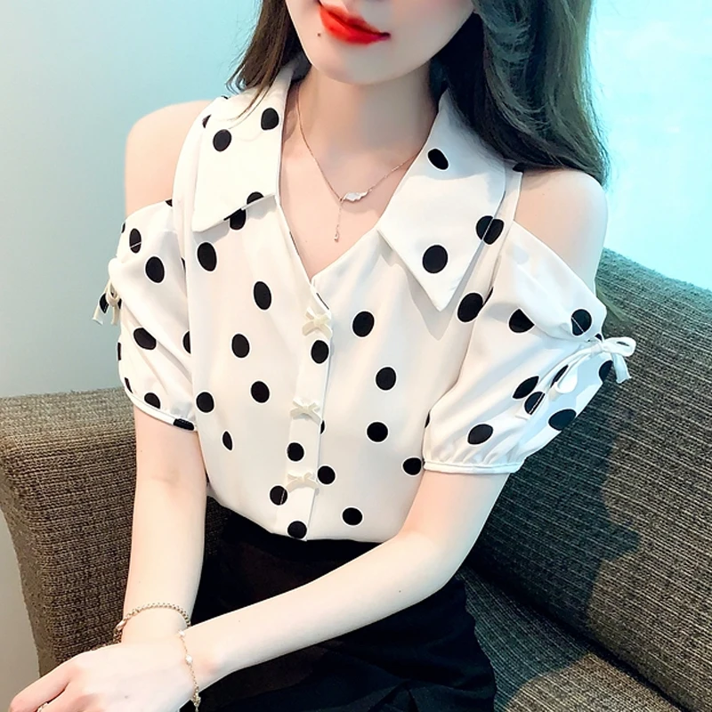 

Sexy Hollow Out Short Sleeve Off Shoulder Blouse Sweet Polka Dot Shirt Summer Top Turn Down Collar Pullover Clothes Blusas 27489