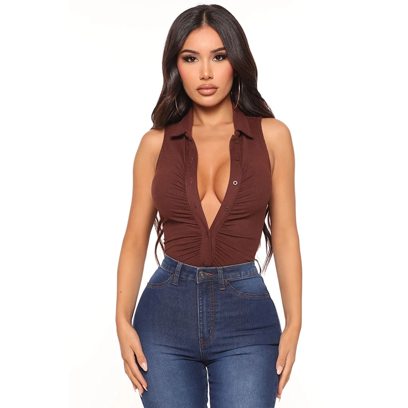 

Polo Collar V Neck Button Stitching Fashion Brown Color Sleeveless Lesiure Travel Women T Shirt Clothing