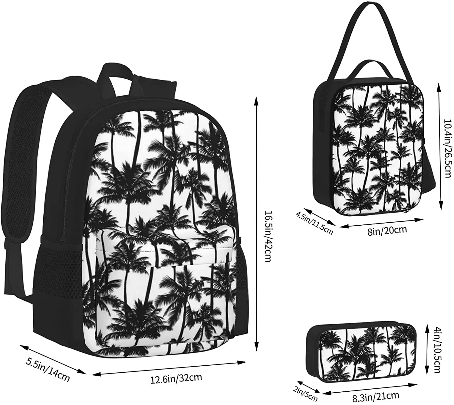 Palm Trees Black White Backpack Set 3-Piece Teen Boys Girls Backpack Messenger Lunch Bag Pencil Case Set
