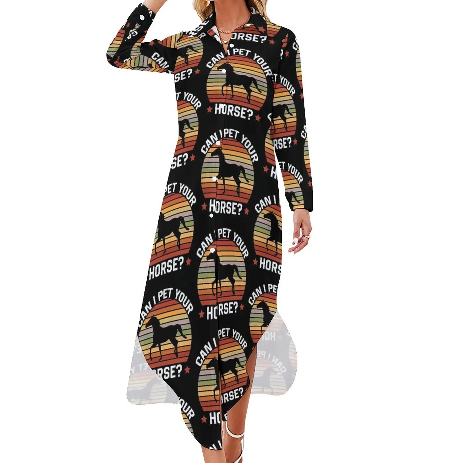 

Funny Horse Casual Dress Animal Print Korean Fashion Dresses Long Sleeve Elegant Womens V Neck Custom Oversized Chiffon Dress