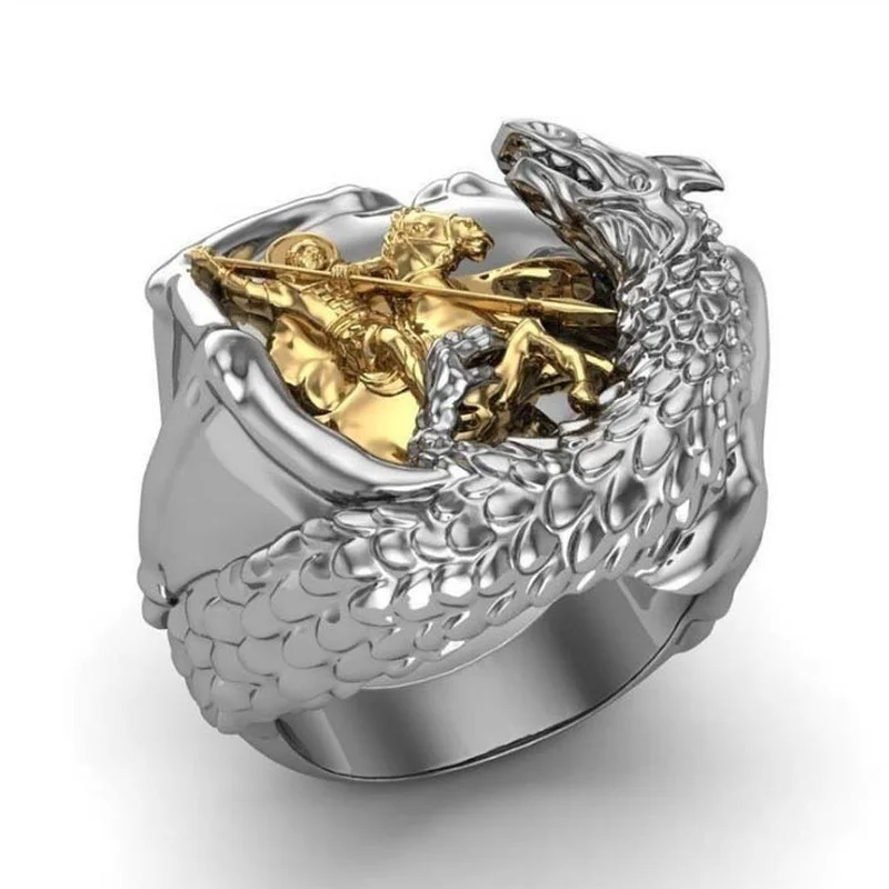 

Knight Slaying Dragon Embossed Men's Ring Exquisite Fashion Glamour Party Club Jewelry Accessories Gift Size 7~13