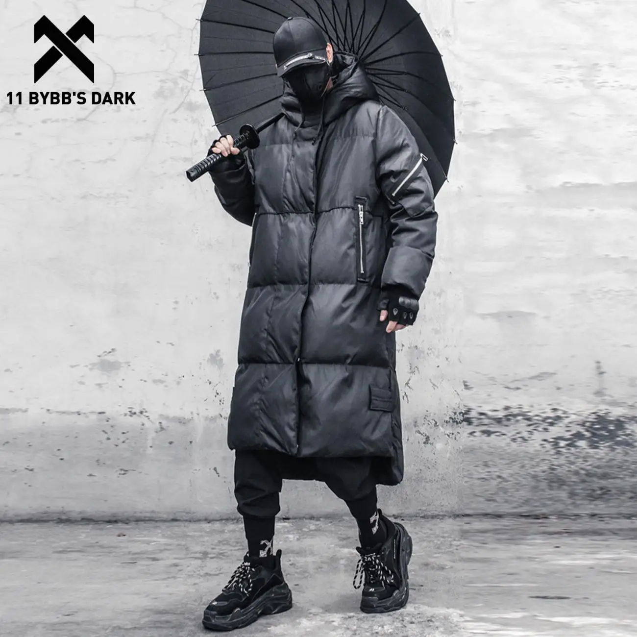 

11 BYBB'S DARK Winter Thick Coats Men Techwear Fake Zipper Hooded Padded Long Parkas Jacket Streetwear Black Overcoat Outwear
