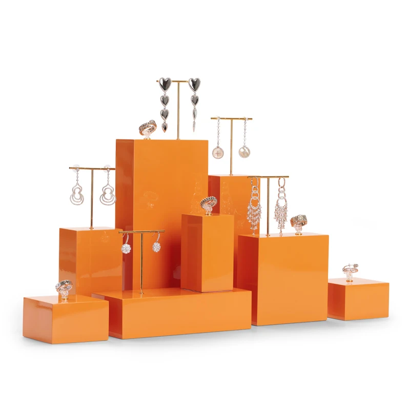 Oirlv Minimalism Orange Gloss Lacquered Solid Wood Ring Bracelet Square Holder Earring Pendant Jewelry Organizer Display Set