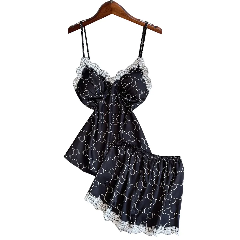 Women's Sleepwear 2 Pcs Sets Tops+Shorts Spotted Sexy Lace Satin Sleeveless V-neck Pyjama Sets With Pads