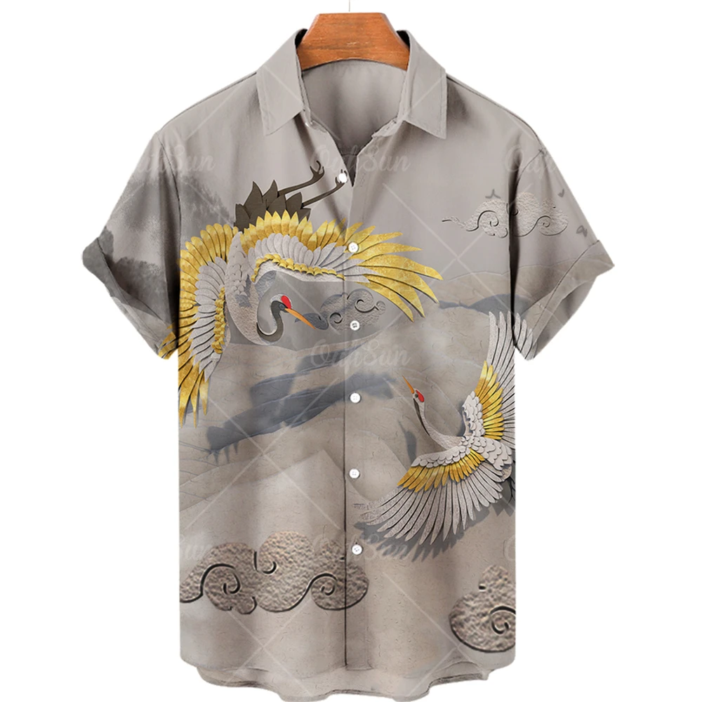 

Animal Crane 3D Print Beach Hawaiian 2022 Summer Shirt Short Sleeve Shirt Streetwear Oversized 5XL Camisa Social Chemise Homme