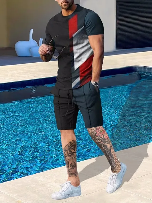 Men Shorts and T Shirt Set Clothing T-Shirt Outfits Graphic Color Block Crew Neck Short Sleeve 2pcs Designer Casual Comfortable