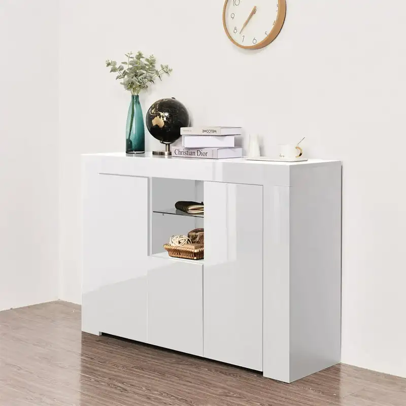 

Sideboard Cupboard with LED Light, White High Gloss Dining Room Buffet Storage Cabinet Hallway Living Room Stand Unit Display C