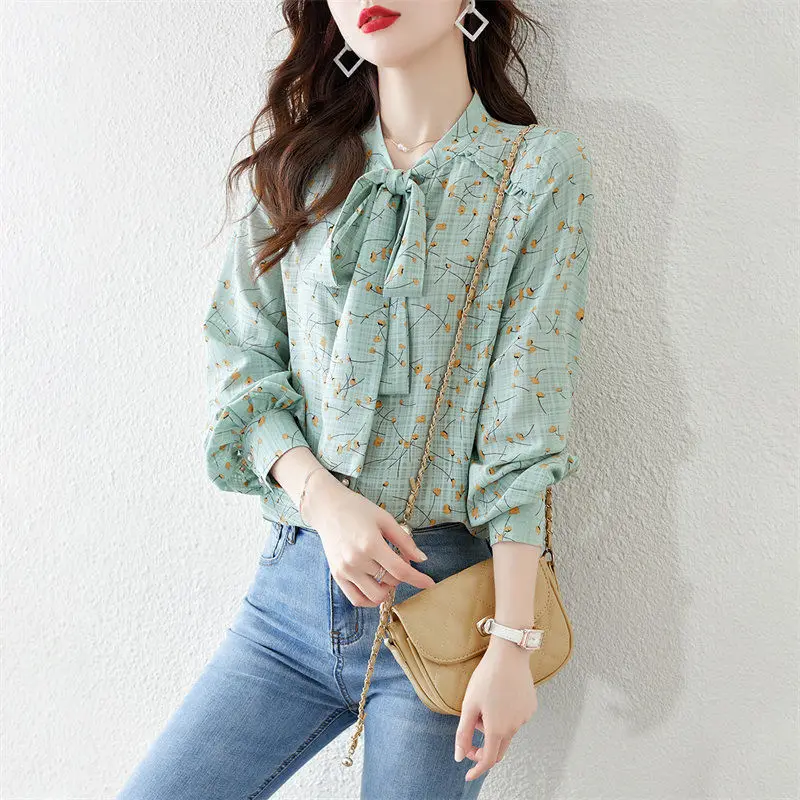 

Elegant V-Neck Printed Lace Up Bow Chiffon Blouse Female Clothing 2022 Autumn New Loose Casual Pullovers All-match Sweet Shirt
