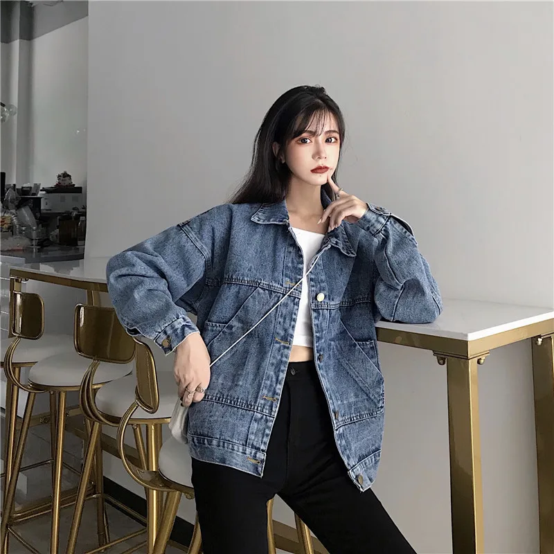 Autumn Winter New Women Denim Jacket Fashion Design Large Pockets Single Breasted Casual Loose High Street Retro Lapel Coats