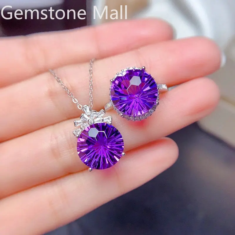 

Brilliant VVS Grade Amethyst Jewelry Set Total 12ct 12mm Natural Amethyst Ring Necklace Pendant with 3 Layers 18K Gold Plating