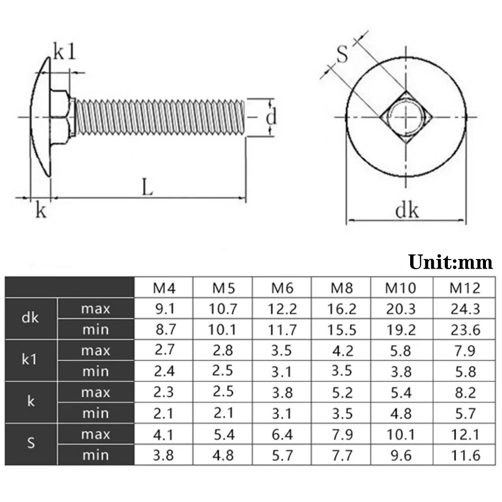 10 шт. M4 M5 M6 M8 M10 M12 -100 мм длинный болт каретки с круглой головкой и квадратной шеей