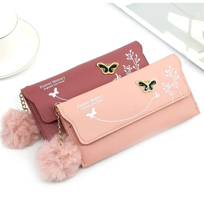 

Butterfly Designer Women Long Wallets PU Leather Money Bag Solid Wool Ball Bow Clutch Bag Large Capacity Card Bag Coin Purse