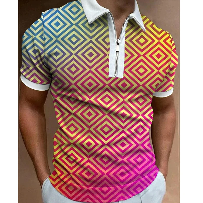 Men's Summer Short-Sleeved Luxury Polo Shirt Abstract Art Print Trend Fashion Oversized Street Lapel Zipper Slim-Fit Clothing