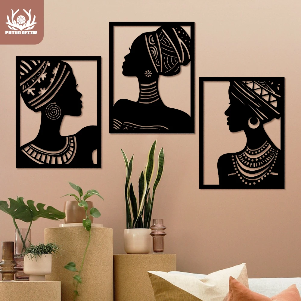 

Putuo Decor Wooden Wall Art Decoration African Women Face Silhouette Beautiful Double-sided Painting Modern Living Home Decor