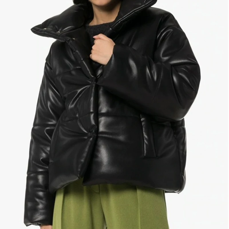 Women Single Breasted Simple Solid New Turtleneck Loose Casual Thicken Jackets Female Imitation Leather Coats Office Lady Parkas