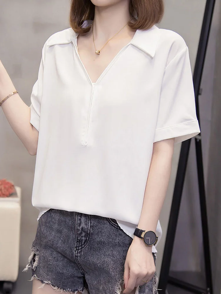 

Oversize V-neck Chiffon Blouses Female Summer Fashion Short Sleeve Large Shirt Straight Loose Korean Style Pullover 4XL Tops