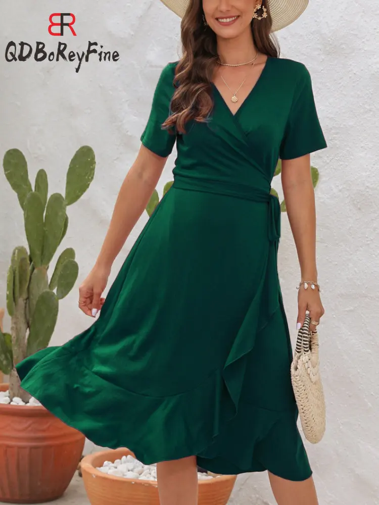

Женское винтажное офисное платье, элегантное однотонное платье-трапеция до колена с V-образным вырезом, коротким рукавом и оборками, лето