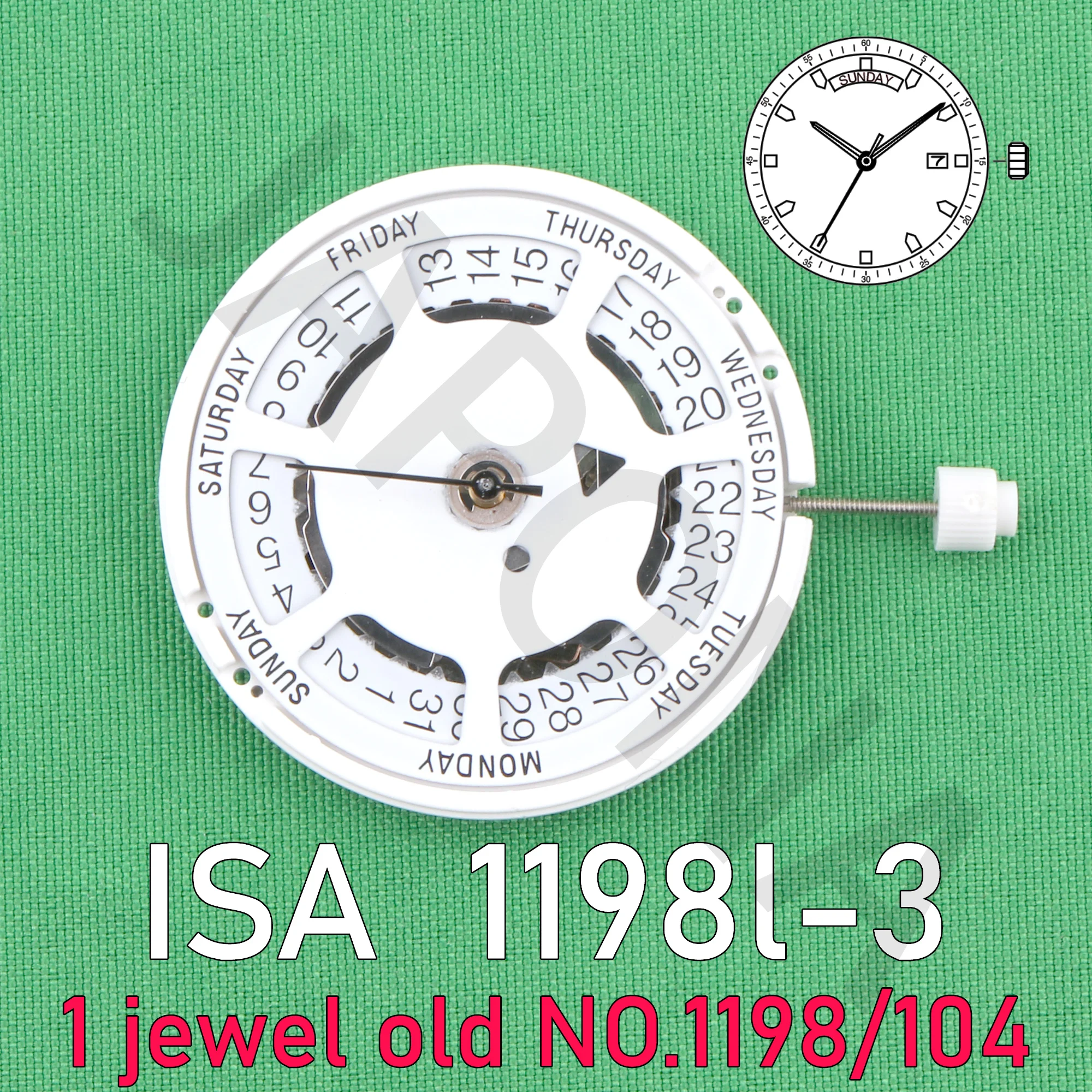 1198 movement isa 1198l-3  swiss quartz movement 3 hands with date/day old no.1198 104 movement 1jewel