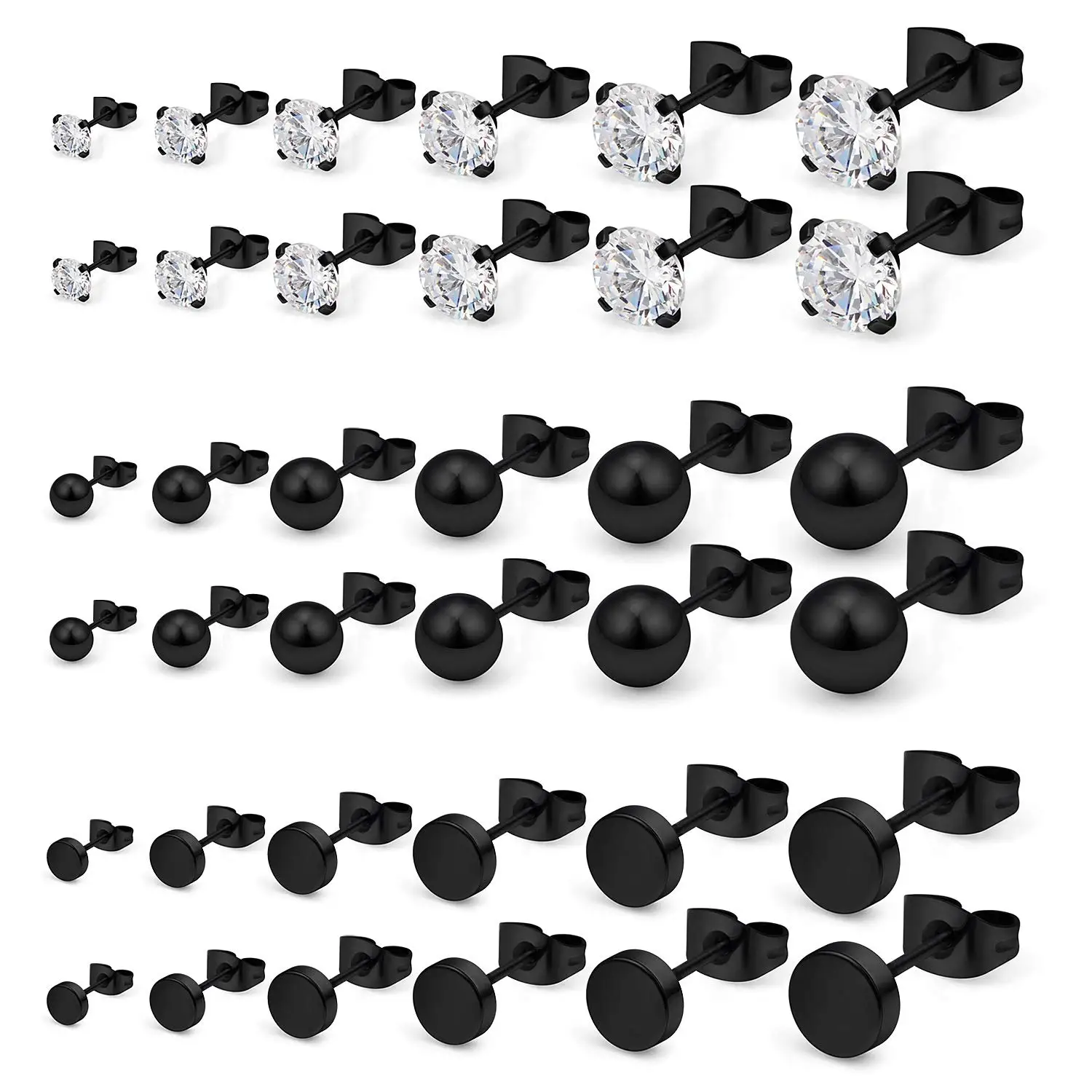

6-18 Pairs 20G Stainless Steel Clear CZ Ball Flat Top Stud Earrings Set for Men Women Barbell Stud Earrings Assorted Sizes 3-8mm