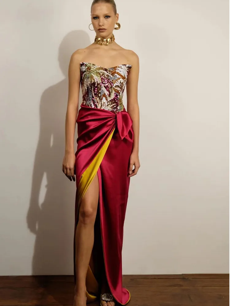 

Summer Dress Women 2022 Sexy Strapless Backless Split Mesh Sequins Mermaid Maxi Long Dress Elegant Evening Club Party Dress