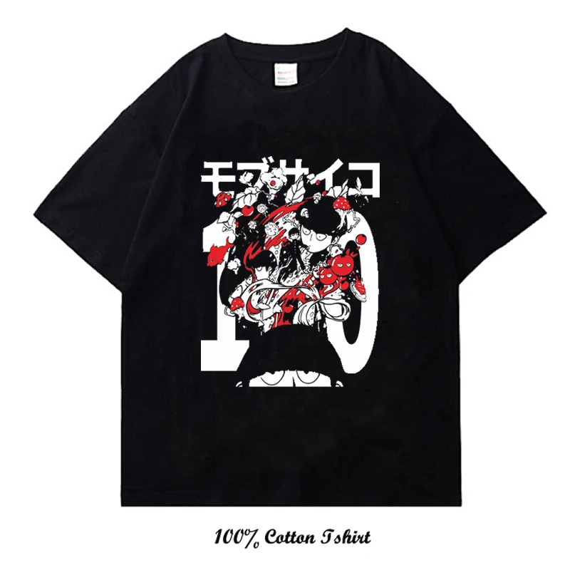 

Mob Psycho 100 Black hip-hop Harajuku street wear Japanese anime print T-shirt cotton casual T-shirt summer short-sleeved shirt