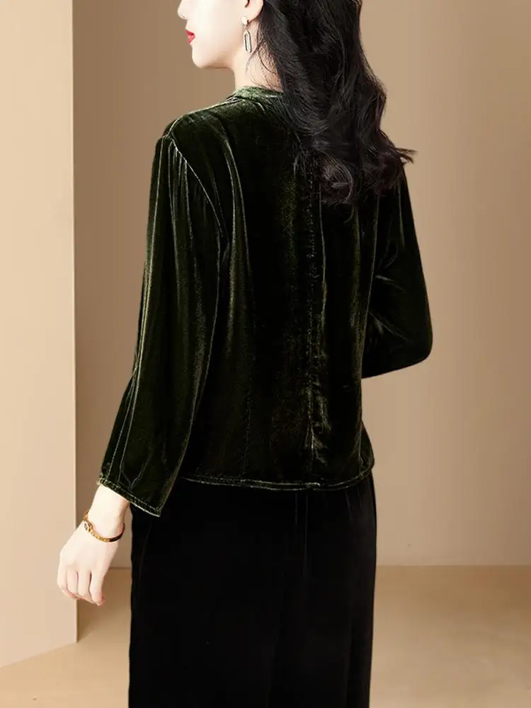 Plus Size Women clothes Base Half-high Collar Loose Spring and Autumn T-shirt 2024 New Silk Gold Velvet Top Middle-Aged Mothe...