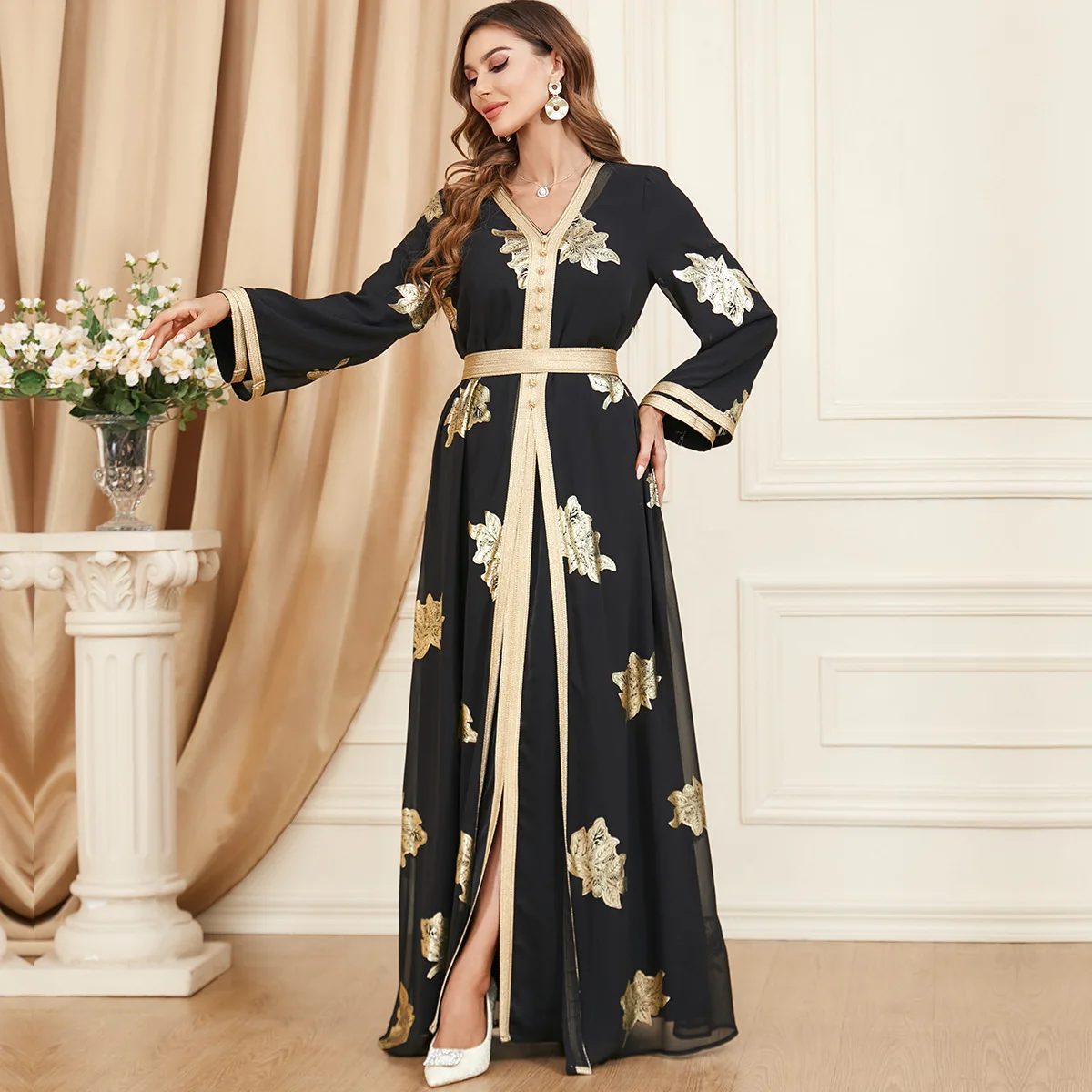Women Abaya Femme Musulman Beadings Long Sleeve Moroccan Kaftan 2 Piece Dubai Gulf Jalabiya Sets Arabic Evening Dresses Outfits