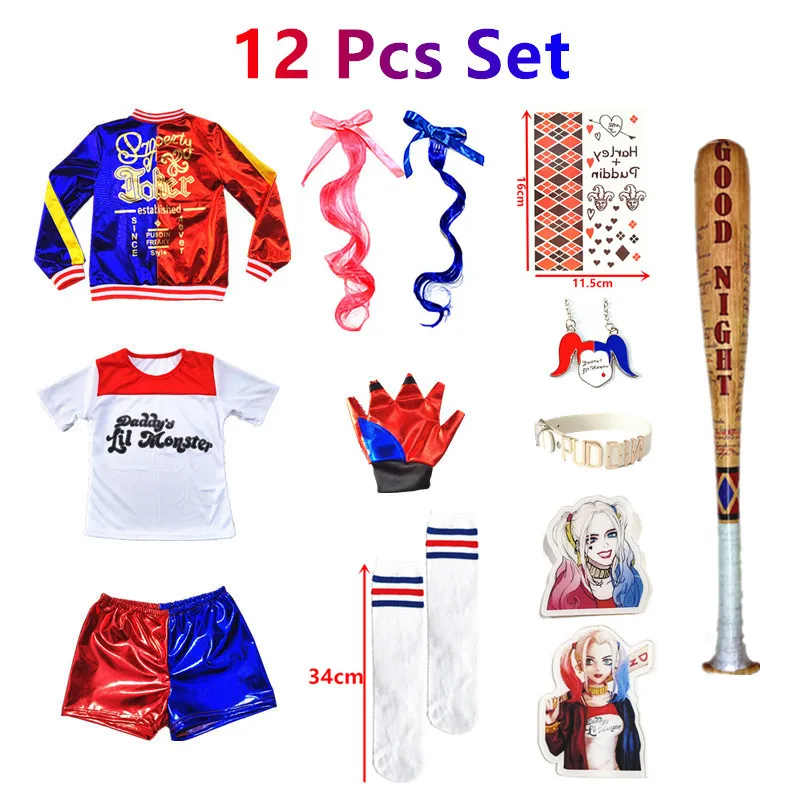 Одежда для девочек Harlee Quinzel, костюм Джокера, женский костюм, детский обруч для волос, чулки, комплекты, куртка, футболка, фантазия, арлекина, взрослая