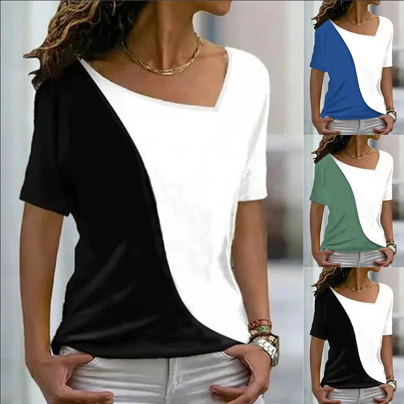 

Футболка женская с диагональным воротником, модный Повседневный пуловер в стиле пэчворк с коротким рукавом, элегантная уличная одежда из х...