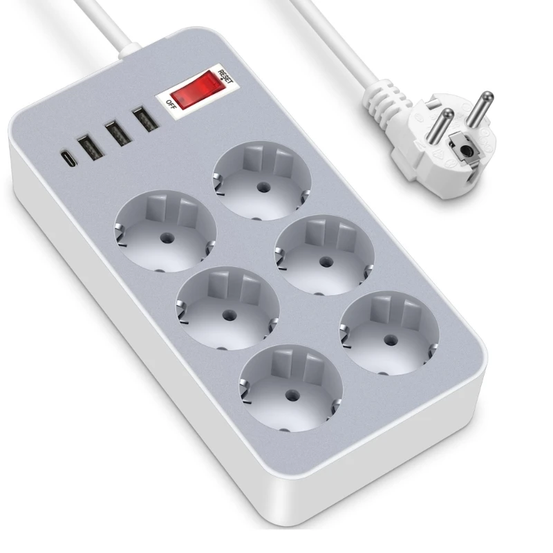 

EU Plugs 2200W 6AC Outlets Power Strip 20W 3 USB+Type C Extension Chargers Dropship