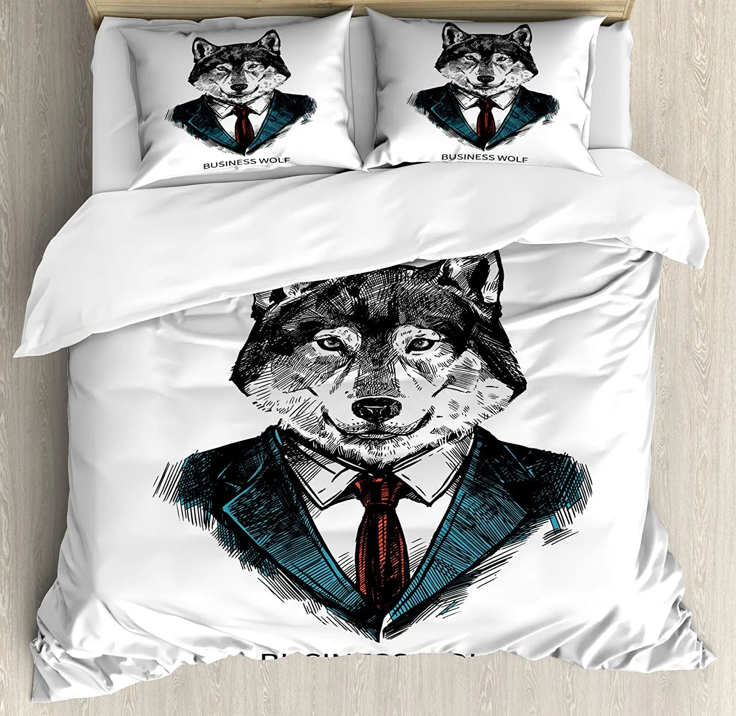 

Wolf Bedding Set For Home Double Bed Business Animal in Suit with Jacket Shirt and Tie Sketch Style Hipster Print Duvet Cover