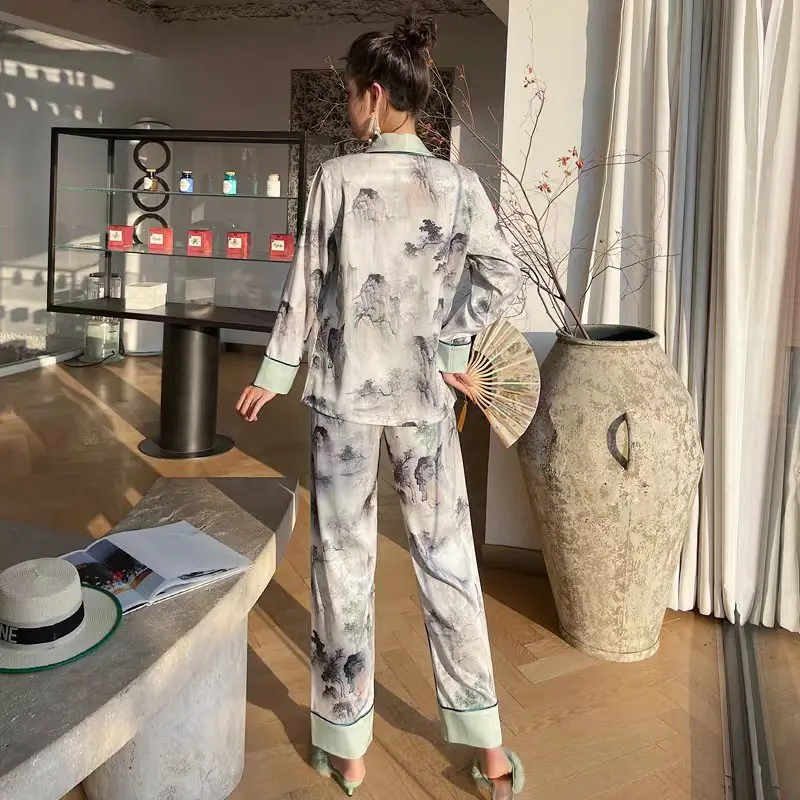 2023 Spring new Chinese national style pajamas for women's V-neck high-luxury home service suit breathable and soft loungewear